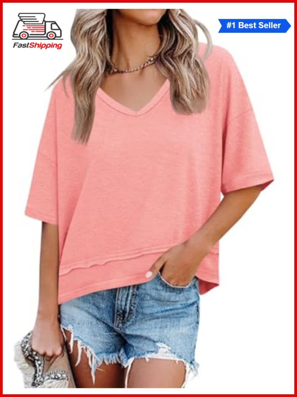 Women's V-Neck Loose Fit Short Sleeve Casual T-Shirt Top